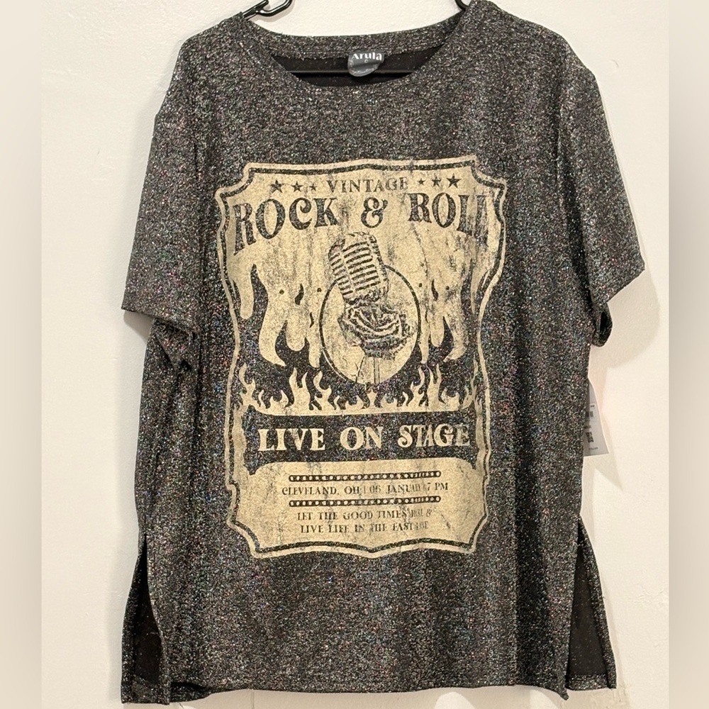 ARULA Black Glitter Vintage Rock & Roll Graphic Tee